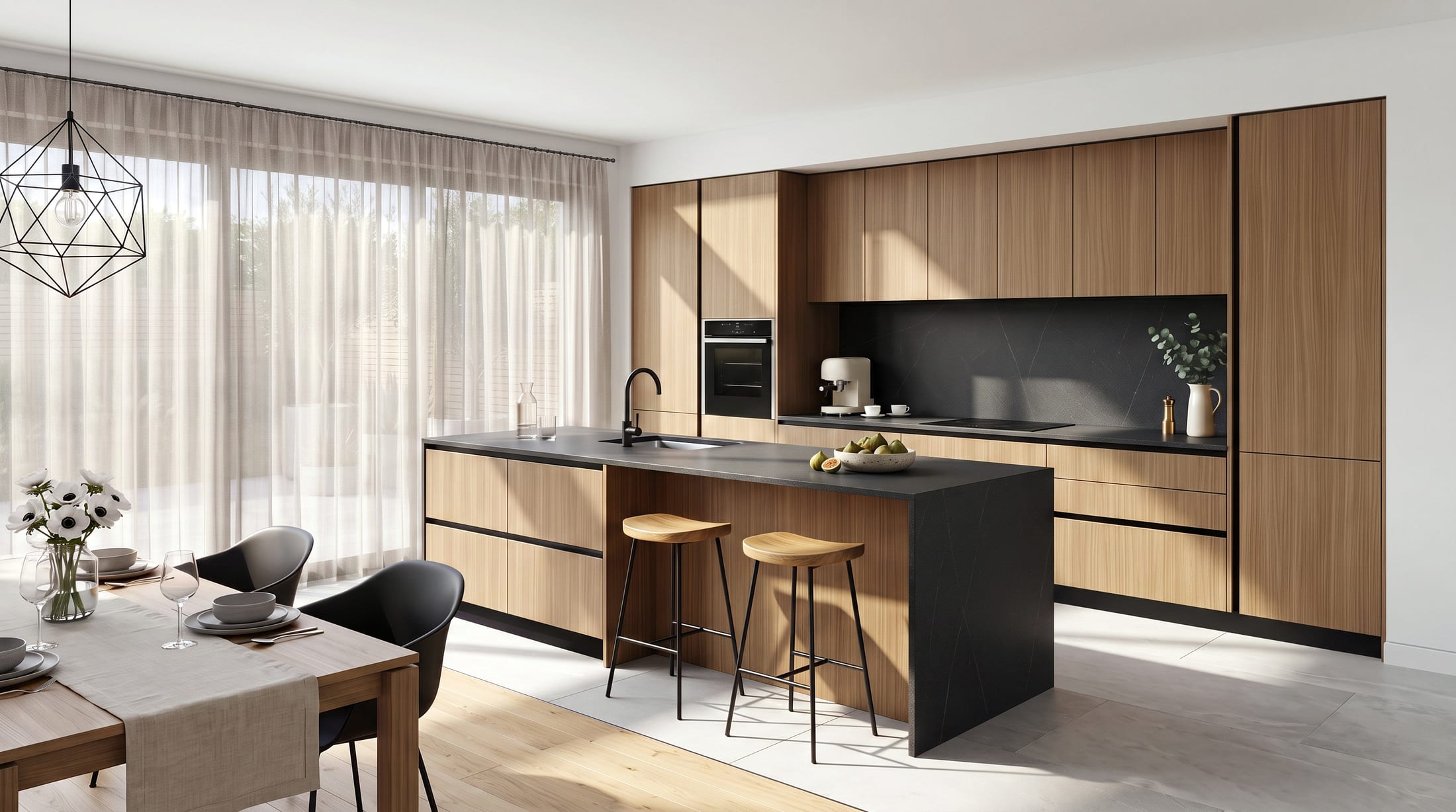 Gacaferi 1957 Stria custom kitchen — handleless cabinetry with natural vertical grain